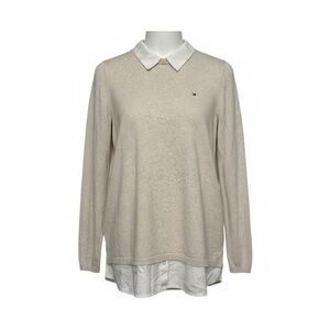Tommy Hilfiger Women's Collared Knit Sweater Top Beige Size Small